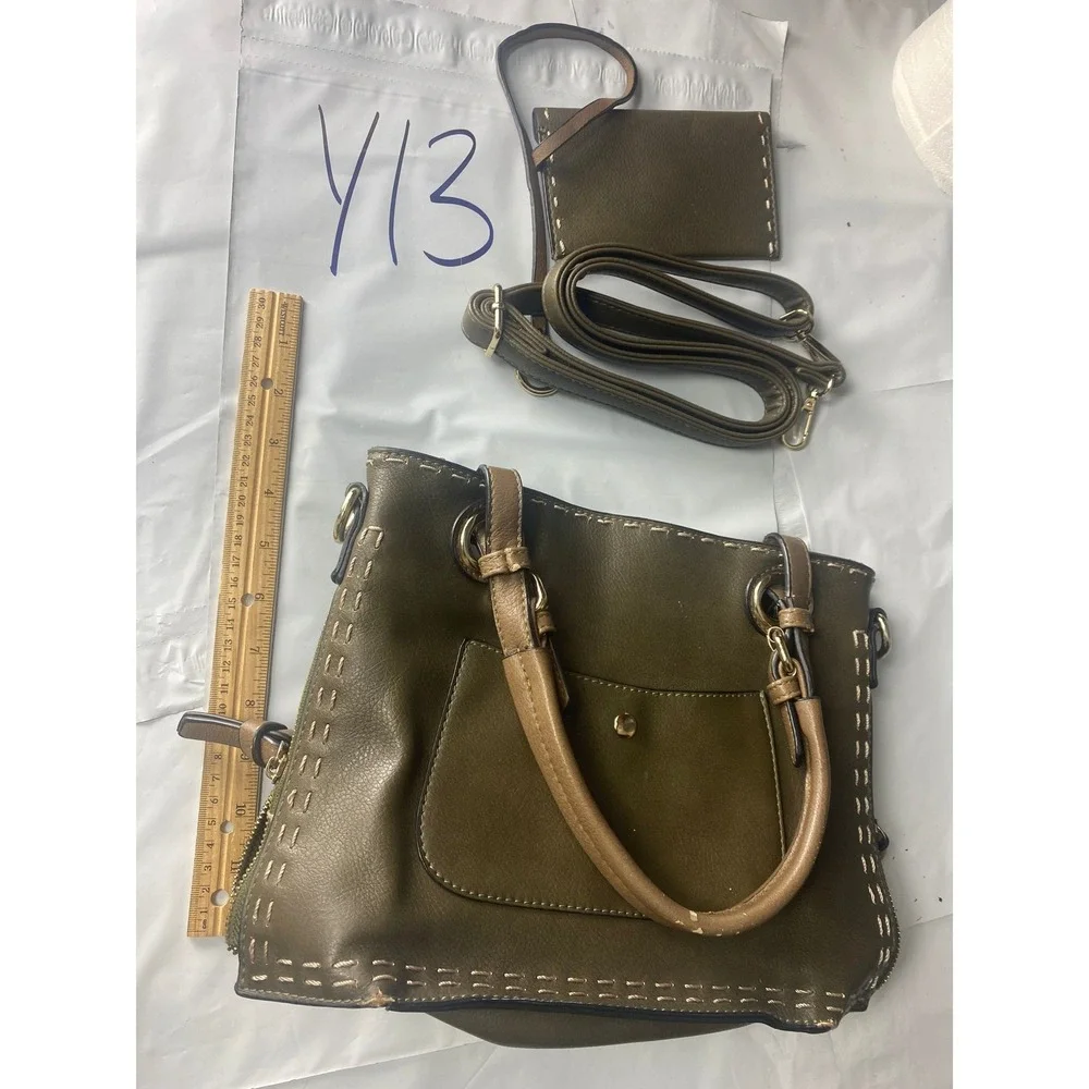 Olive Green Faux Leather Satchel Handbag‎ Removable Shoulder Strap